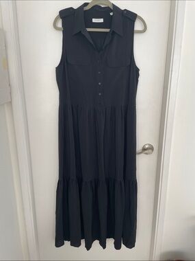Equipment Sleeveless Silk Black Tiered Maxi Shirt Dress